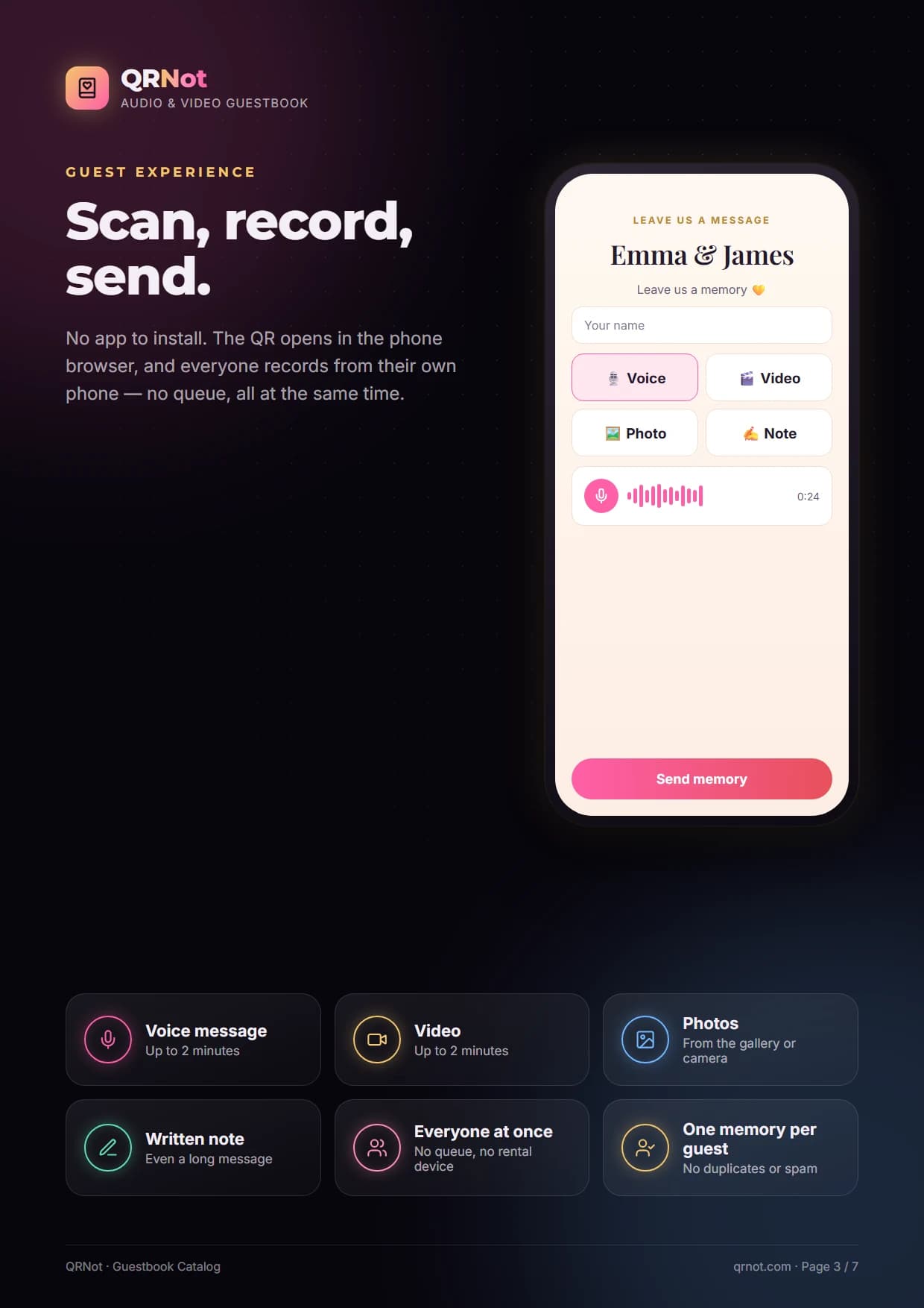 QRNot guestbook catalog — Guest experience
