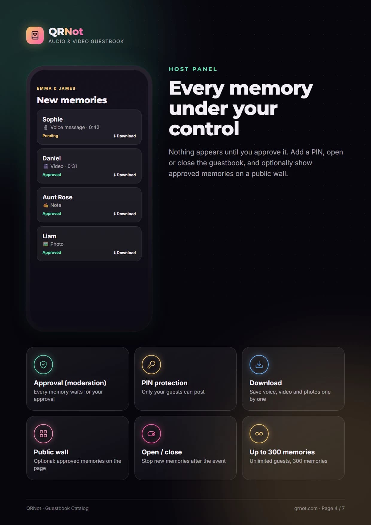 QRNot guestbook catalog — Host panel