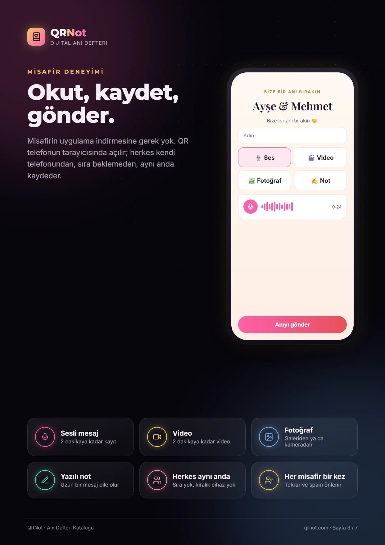 QRNot anı defteri kataloğu — Misafir deneyimi