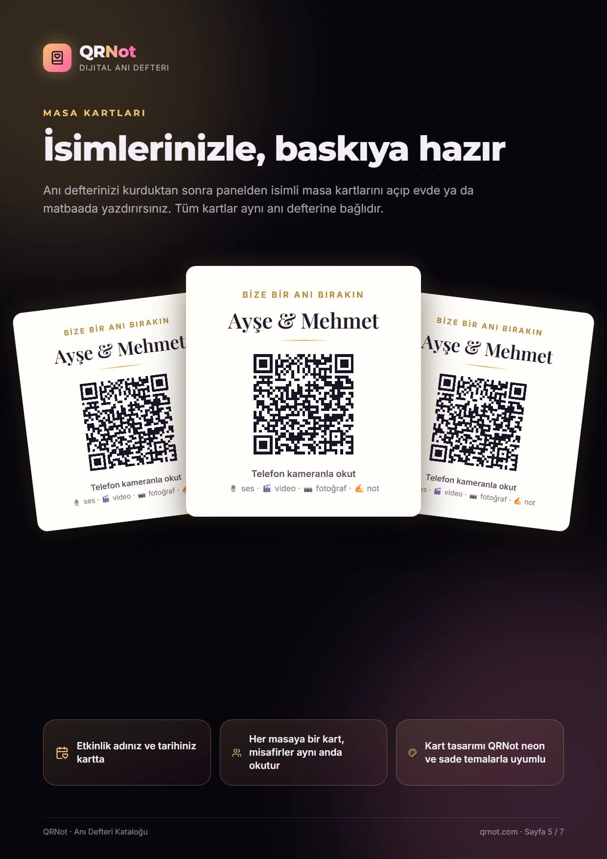 QRNot anı defteri kataloğu — Masa kartları
