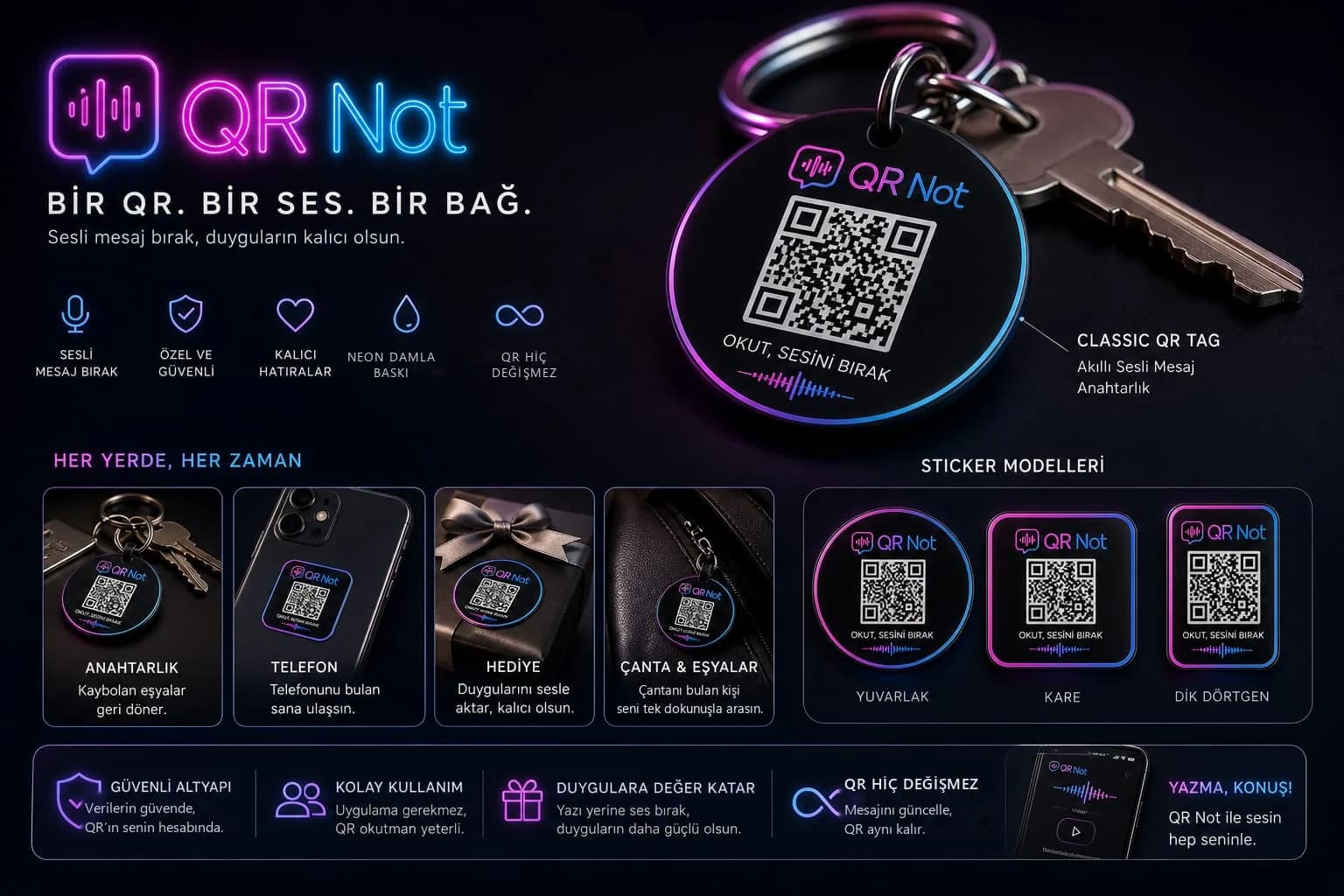 Bir QR. Bir ses. Bir bağ. — Classic QR anahtarlık ve sticker modelleri