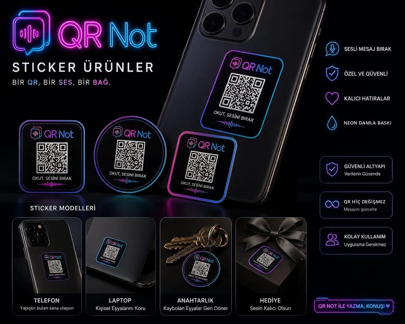 QRNot neon sticker ürünler — telefon, laptop, anahtarlık ve hediye